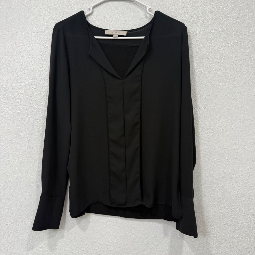 Ann Taylor LOFT Womens Black Mixed Media Split Neck Pleated‎ Blouse Small